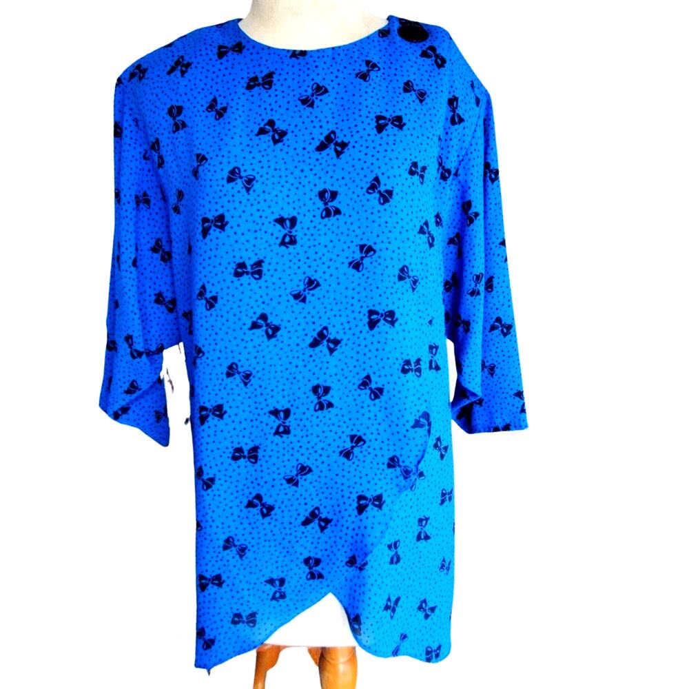 Vintage 80s Bow Accent Blue Blouse Size Large
